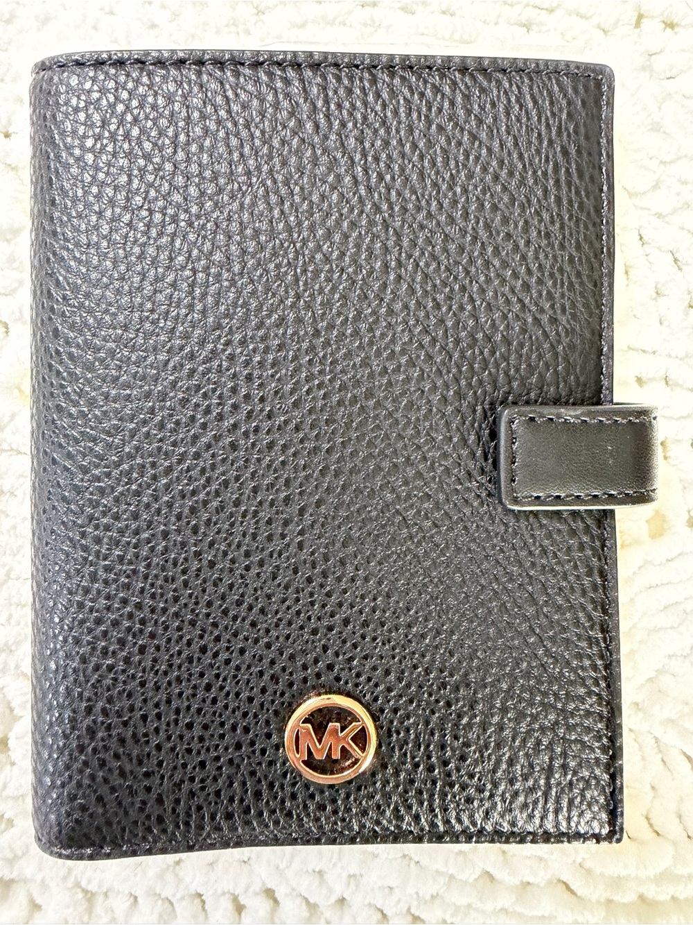 Michael Kors Black Pebbled Leather Organizer Wallet with Gold MK Accent 4x5 in